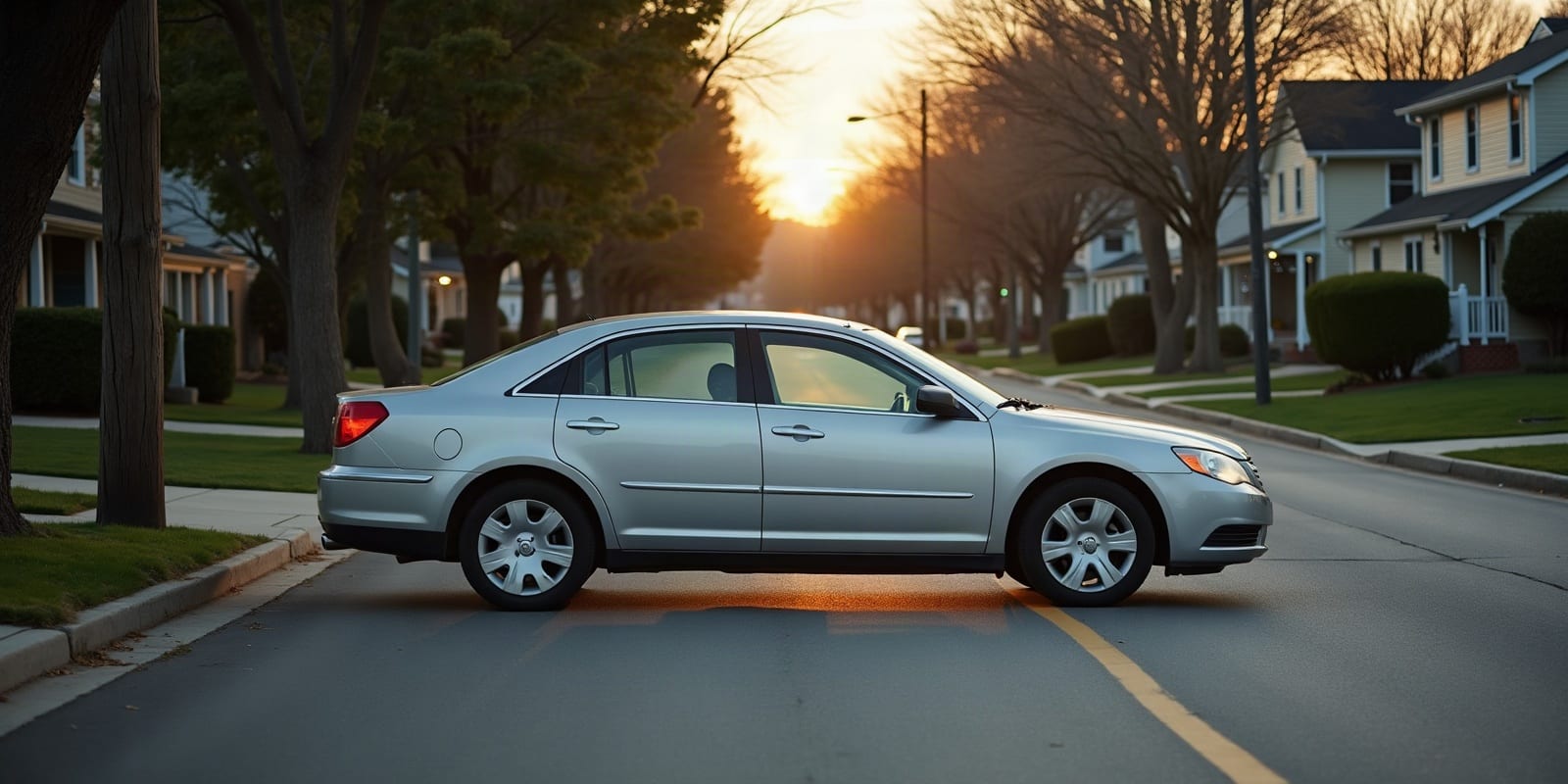 A parked sedan seen from across the road on a quiet suburban street in late afternoon light